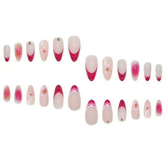 24 pièces d’ongles autocollants longs en forme d’amande avec french rouge, décor 3D floral et points dorés – Conviennent à toutes les femmes.