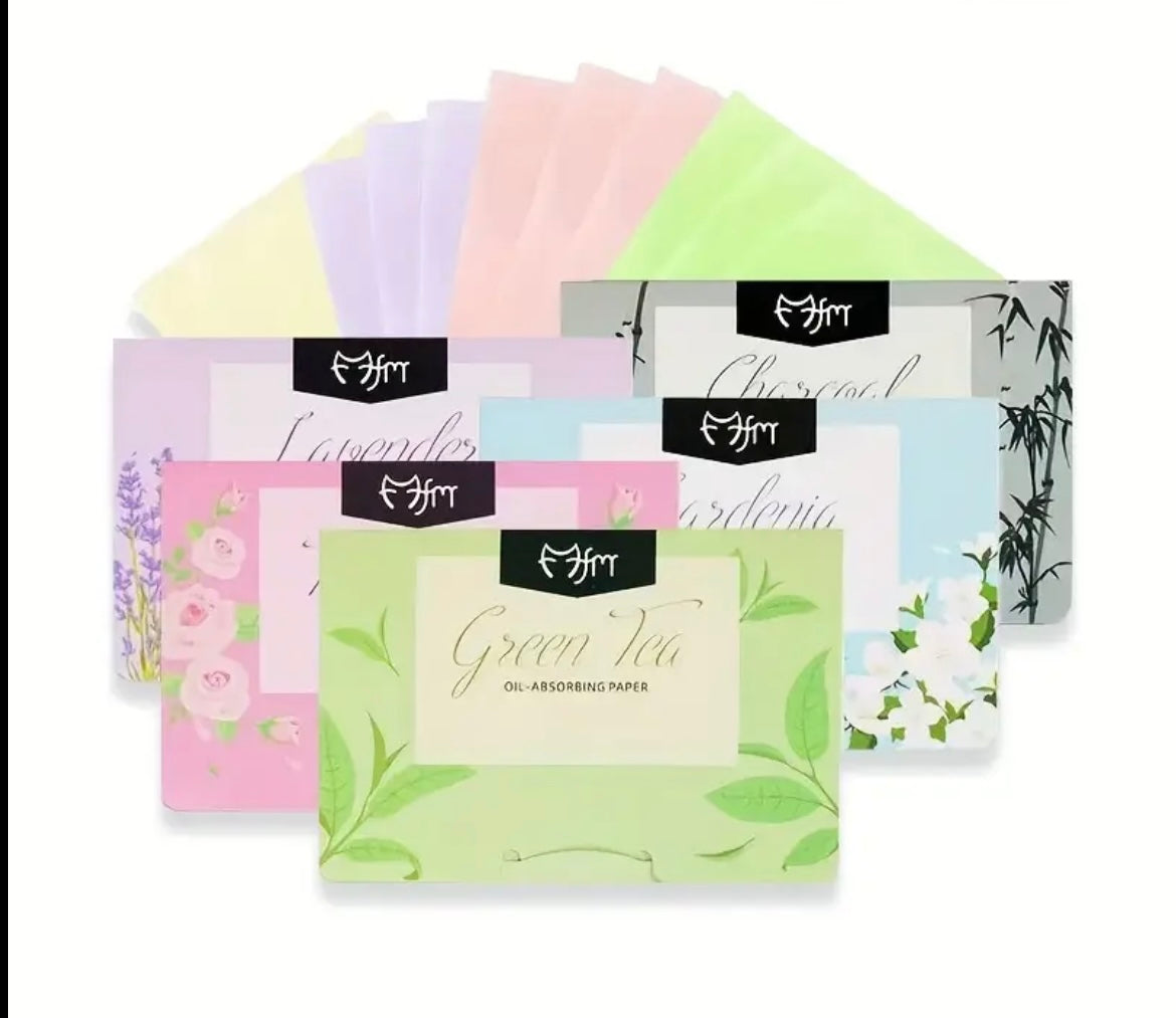 Pack de papiers matifiants pour le visage en 7 couleurs, avec extrait de thé vert, parfum de rose, essence de lavande, senteur de gardénia et fraîcheur de menthe.