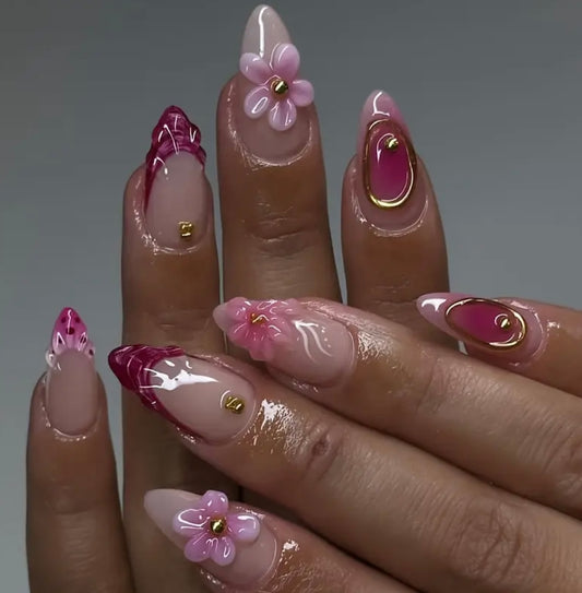 24 pièces d’ongles autocollants longs en forme d’amande avec french rouge, décor 3D floral et points dorés – Conviennent à toutes les femmes.