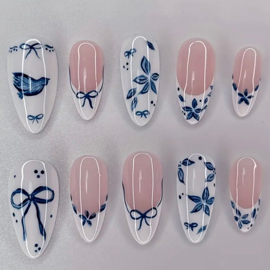 24pcs Press-On Nails Short Almond Shape – Blue Glossy French