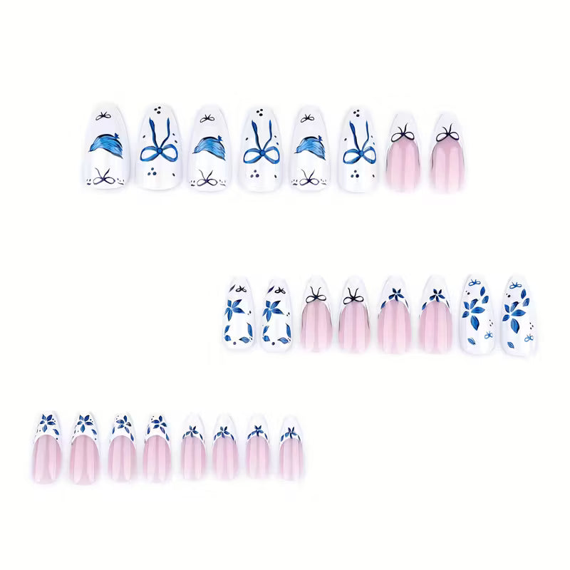 24pcs Press-On Nails Short Almond Shape – Blue Glossy French