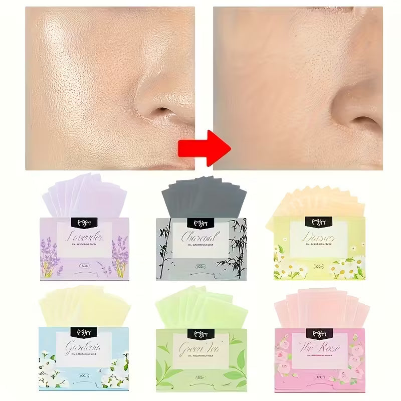 Pack de papiers matifiants pour le visage en 7 couleurs, avec extrait de thé vert, parfum de rose, essence de lavande, senteur de gardénia et fraîcheur de menthe.