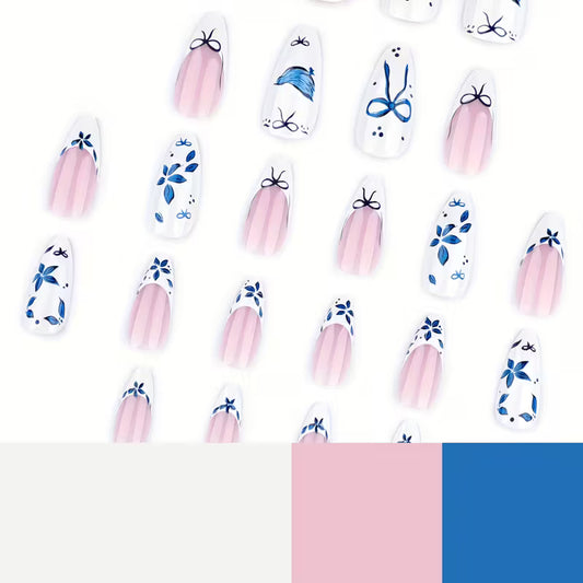 24pcs Press-On Nails Short Almond Shape – Blue Glossy French